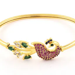 Zaveri Pearls Pink & Green Gold-Plated Cubic Zirconia Peacock Inspired Kada Bracelet image 5