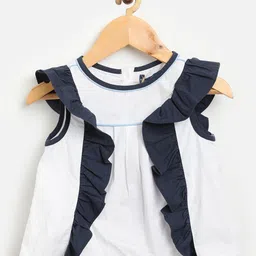 One Friday Off White & Navy Blue Colourblocked Pure Cotton Top-picture-26