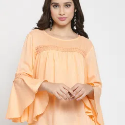 Indietoga Women Peach Solid Bell Sleeves Lace Top-image-12
