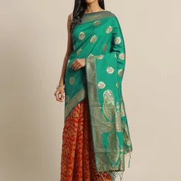 Sangria Green & Red Ethnic Motifs Woven Design Kanjeevaram Saree-image-68