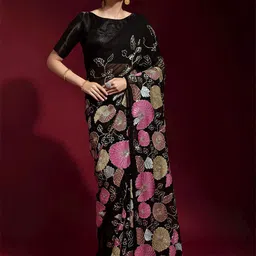 ODETTE Black And Pink Floral Embroidered Saree-image-43