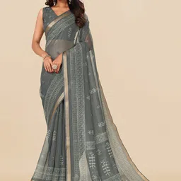 MIRCHI FASHION Grey & White Floral Printed Zari Block Print Saree-image-46