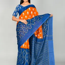 TROPWEAR Ethnic Motifs Mulmul Cotton Ikat Hand Block Print Saree-picture-38