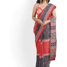 TROPWEAR Ethnic Motifs Block Printed Mulmul Cotton Saree-picture-11
