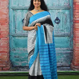 JALTHER Checked Pure Cotton Block Print Saree-image-63