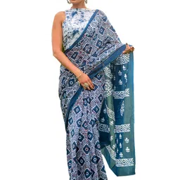 clothonus Blue & White Ethnic Motifs Pure Cotton Block Print Saree-image-24