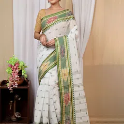 PuJoy Ethnic Motifs Woven Design Zari Pure Cotton Taant Saree-picture-53
