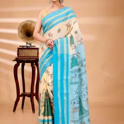 DipDiya Blue & Beige Ethnic Woven Design Pure Cotton Taant Saree-picture-33