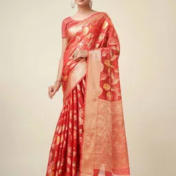 Mitera Red Floral Woven Design Zari Detailed Organza Saree-image-64