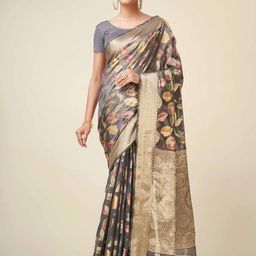 Mitera Grey & Gold-Toned Floral Woven Design Zari Organza Banarasi Saree-picture-30