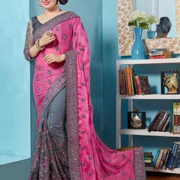 Mitera Ethnic Motifs Embroidered Mirror Work Half and Half Saree-image-18