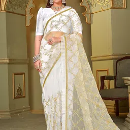 SARIYA Floral Embroidered Ruffled Net Saree-picture-22