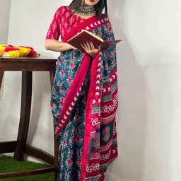 KALINI Ethnic Motifs Printed Pure Cotton Bagh Saree image 1