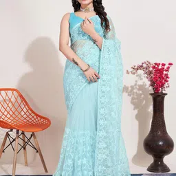 HERE&NOW Blue Floral Embroidered Net Saree image 1