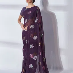Mitera Purple & White Embellished Sequinned Pure Georgette Saree-picture-40