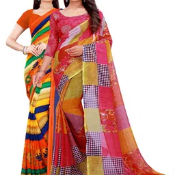 Silk Bazar Yellow & Red Pack of 2 Pure Georgette Saree image 1
