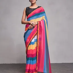 Mitera Pink & Blue Striped Pure Georgette Saree-picture-24