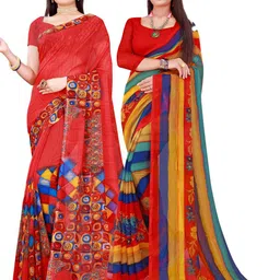 SAADHVI Red & Yellow Floral Pure Georgette Saree-picture-36