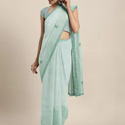 Mitera Teal Floral Embroidered Beads and Stones Saree-image-76