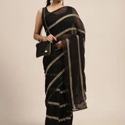 HERE&NOW Black Embellished Beads and Stones Pure Georgette Saree-image-45