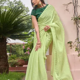 Mitera Lime Green & Silver-Toned Embellished Mukaish Pure Chiffon Saree image 2
