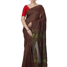 PuJoy Striped Zari Pure Cotton Taant Saree image 2