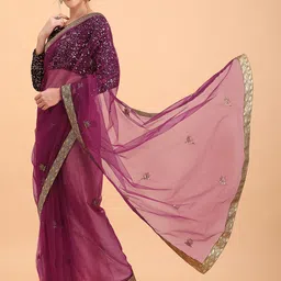 Sangria Burgundy & Gold-Toned Floral Embroidered Supernet Saree-picture-14