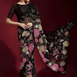 ODETTE Black And Pink Floral Embroidered Saree image 4