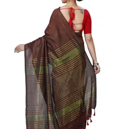 PuJoy Striped Zari Pure Cotton Taant Saree image 4