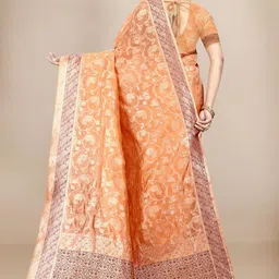 VAIRAGEE Peach-Coloured & Gold-Toned Woven Design Zari Organza Saree image 4