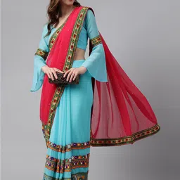 Mitera Pink & Blue Ethnic Motifs Kutchi Embroidered Pure Georgette Saree image 4