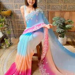 Mitera Blue Ethnic Motifs Embroidered Sequinned Detailed Poly Georgette Saree image 4