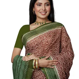 SHANVIKA Rust & Green Pure Cotton  Block Print Saree image 5