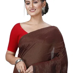 PuJoy Striped Zari Pure Cotton Taant Saree image 5