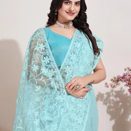 HERE&NOW Blue Floral Embroidered Net Saree image 5