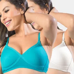 Sonari Pack Of 2 White & Blue Non Padded Cotton Bra-image-2