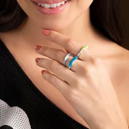 Rubans Voguish Set Of 3 Silver-Plated Blue & White Enamel Adjustable Finger Rings image 3