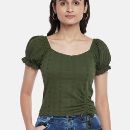 People Women Olive Green Self Design Sweetheart Neck Pure Cotton Regular  Top-picture-35