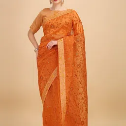 Sangria Orange & Gold-Toned Floral Beads and Stones Organza Saree-image-2