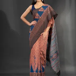 Charukriti Rust & Blue Woven Design Pure Cotton Saree-picture-14