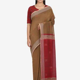 THE WEAVE TRAVELLER Brown & Red Pure Cotton Saree image 1