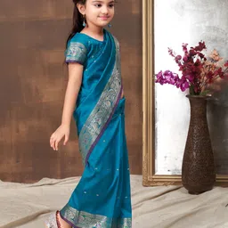 BAESD Girls Ethnic Motifs Woven Design Zari Pure Silk Read To Wear Saree With Blouse image 2