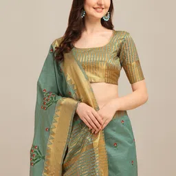 RAJGRANTH Turquoise Blue & Gold-Toned Floral Embroidered Assam Silk Cotton Designer Saree image 2