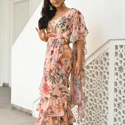 Lavanya The Label Peach-Coloured Floral Printed Ready To Wear Ruffle Saree image 2