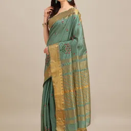 RAJGRANTH Turquoise Blue & Gold-Toned Floral Embroidered Assam Silk Cotton Designer Saree image 3