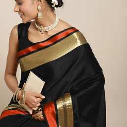 Saree mall Black & Orange Woven Design Zari Silk Blend Uppada Sarees image 4