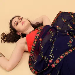 Sangria Blue & Red Floral Embroidered & Sequinned Pure Georgette Saree image 4