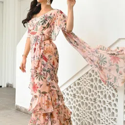 Lavanya The Label Peach-Coloured Floral Printed Ready To Wear Ruffle Saree image 5