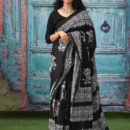 TROPWEAR Ethnic Motifs Block Printed Mulmul Cotton Ikat Saree-picture-31