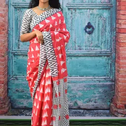 TROPWEAR Ethnic Motifs Block Printed Mulmul Cotton Ikat Saree-picture-25